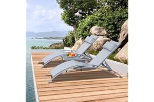 DOMI OUTDOOR LIVING Domi Pool Lounge Chairs Set of 3, Adjustable Aluminum Outdoor Chaise Lounge Chairs with Metal Side Table, All Weather for Deck Lawn Poolside Backyard -Grey Textilene