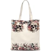 ATHAND Floral Skull Bag,Sugar Skull Gifts for Women,Reusable Canvas Tote Bag for Groceries,Beach,Day Of The Dead Gifts