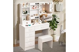 Vanity Desk with Sliding Mirror and Lights, White Vanity Set with Stool and Drawers, 3-Mode Light Adjustable Brightness, Smal
