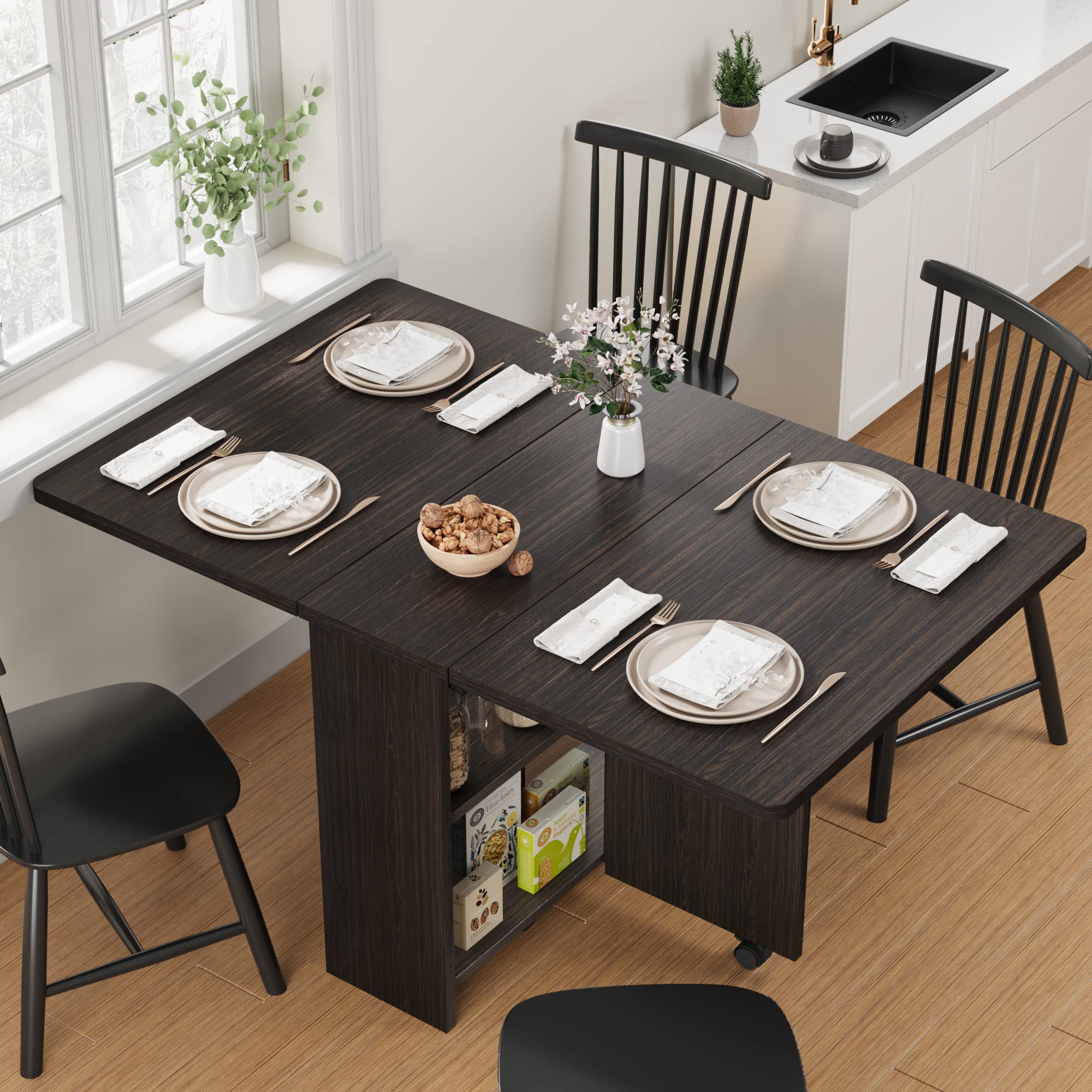 Photo 1 of IDEALHOUSE Folding Dining Table, Drop Leaf Dining Table with 6 Wheels and 2-Layer Storage Shelf, Space Saving Dining Table for Small Spaces (Dark Walnut, 50.1" D x 31.4" W x 29.5" H)