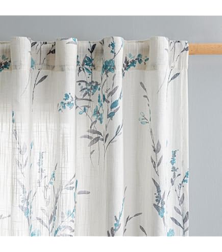 AmHoo Linen Floral Embroidered Curtains - 2 Panels Semi Sheer Voile Farmhouse Curtains 52x84 Inch, Teal