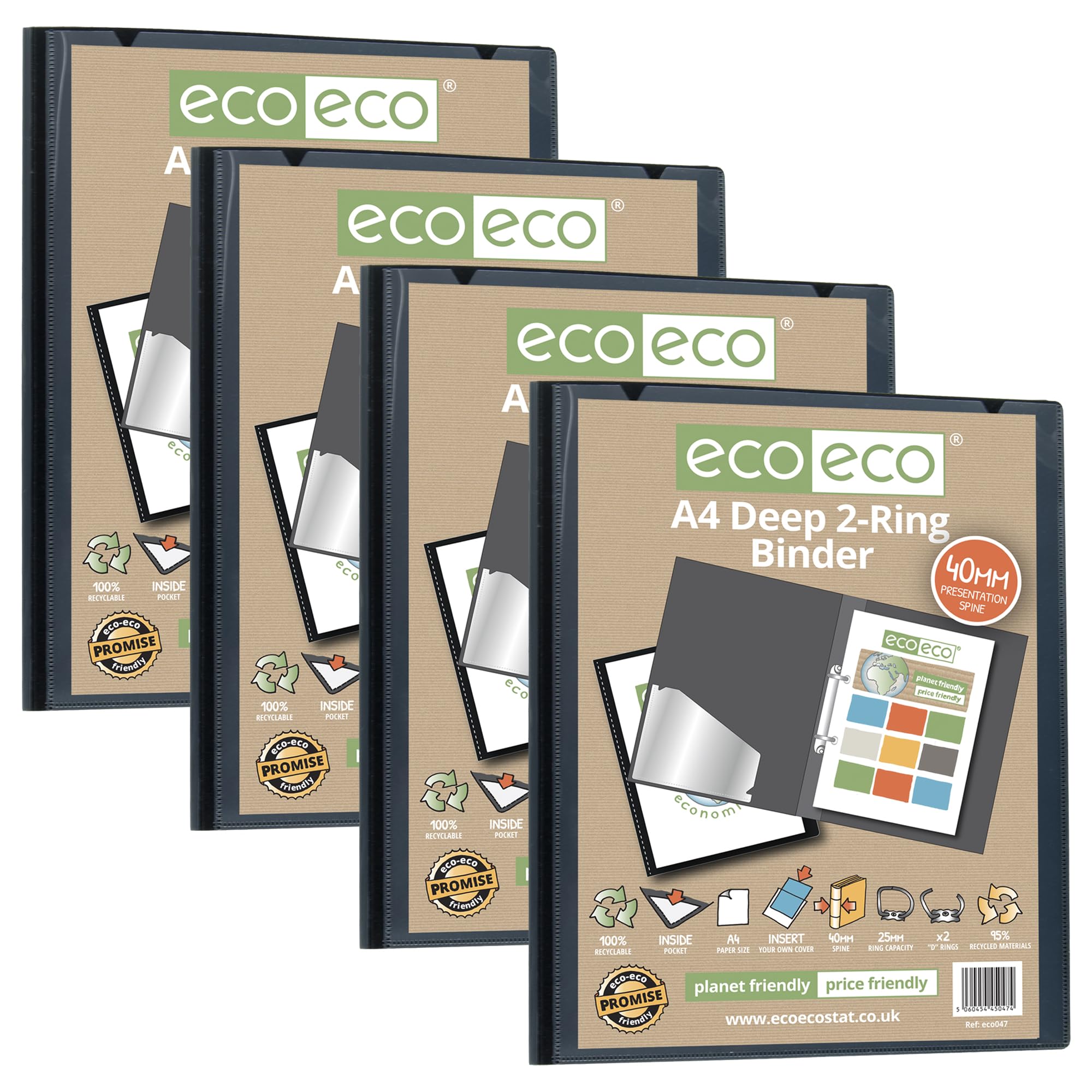 eco-eco A4 95% Recycled Presentation Deep Ring Binder, 40mm Presentation Spine x2 D Rings, Pack of 4 Black, eco047x4