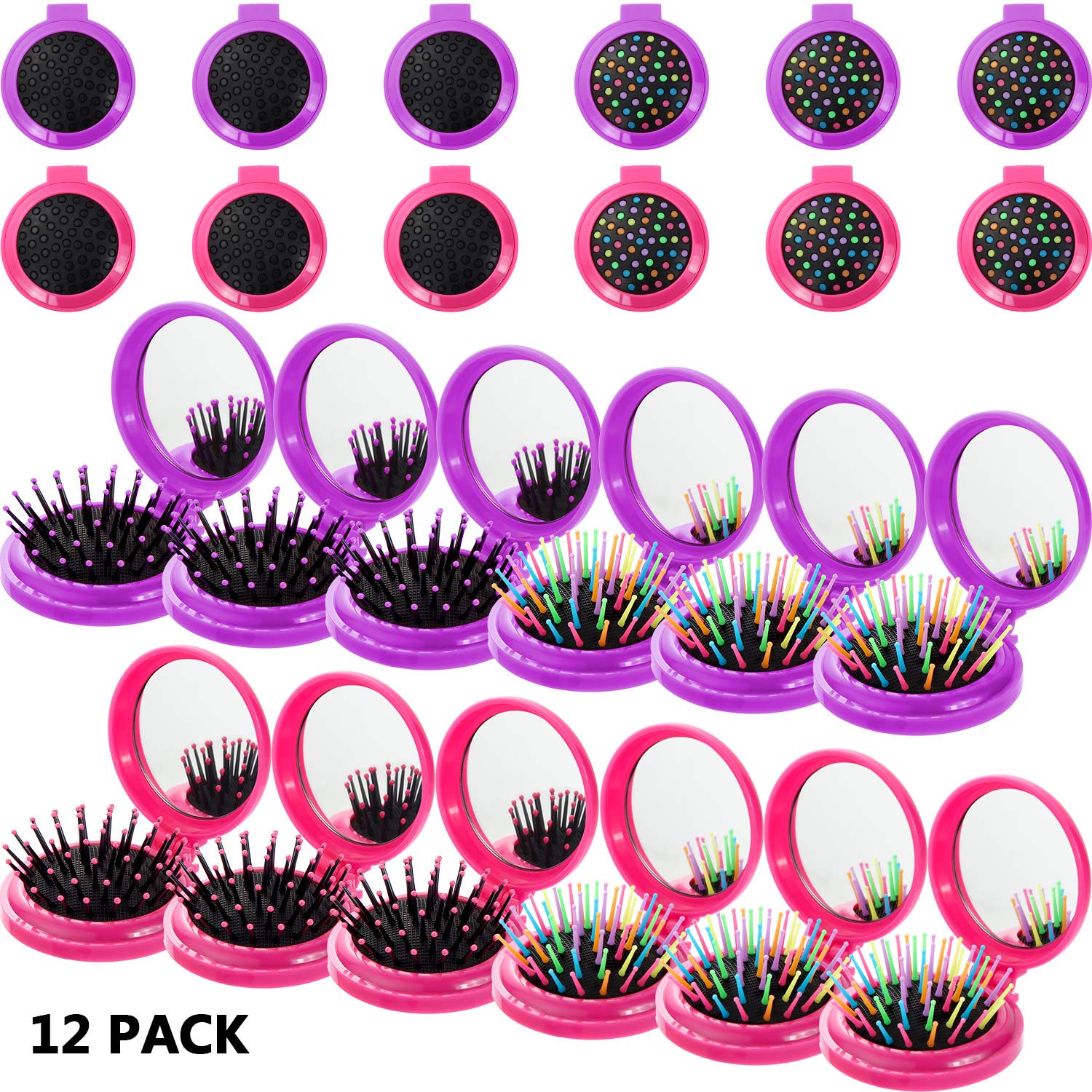 12 Pieces Round Travel Hair Brush with Mirror Folding Pocket Hairbrush with Make up Mirror Travel Hair Comb for Women Girls Travel Daily Use Purse Gift Idea
