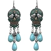Elosee Sugar Skull Earrings for Women, Turquoise Dangle Statement Earrings, Day of the Dead Dia de los Muertos Jewelry, Vintage Skull Design