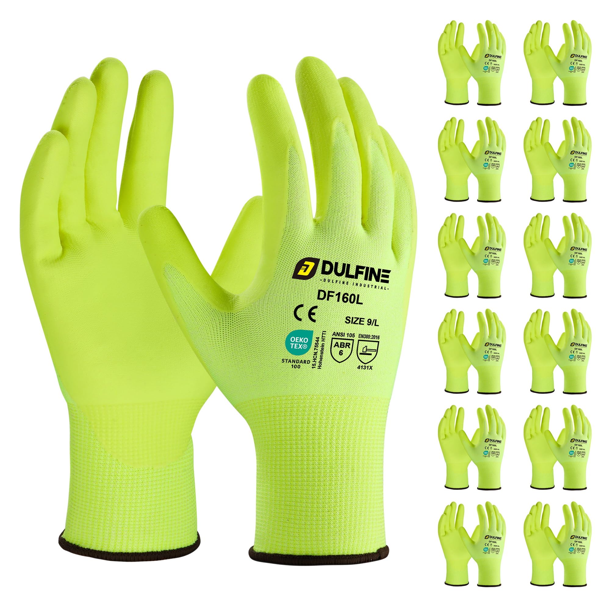 DULFINE Work Gloves for Men and Women,Hi-Vis Yellow Knit Nylon Glove with MicroFoam Nitrile Coated-12 Pairs Pack,Ideal for General Purpose,Automotive,Home Improvement,Painting(XX-Large) Image