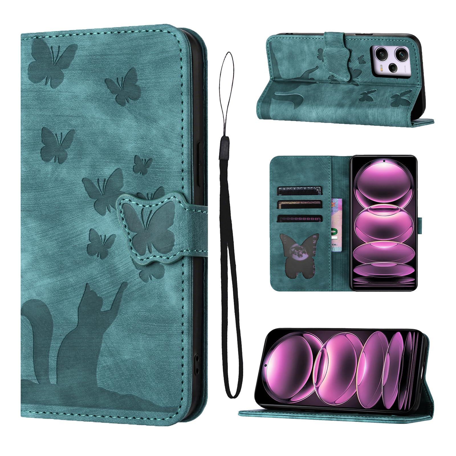 LSPCASA Phone Case For Xiaomi Redmi Note 12 Pro/Xiaomi Poco X5 Pro PU Leather Material Poco X5 Pro 5G Case With Card Slots Cat Butterfly Pattern Cover Green — image 1