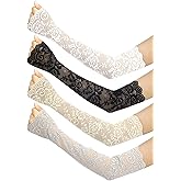 Fourluoo 4 Pairs Women Lace Arm Sleeves Floral Hollow Out UV Protection Fingerless Arm Covers Elbow Length for Tea Party Wedding