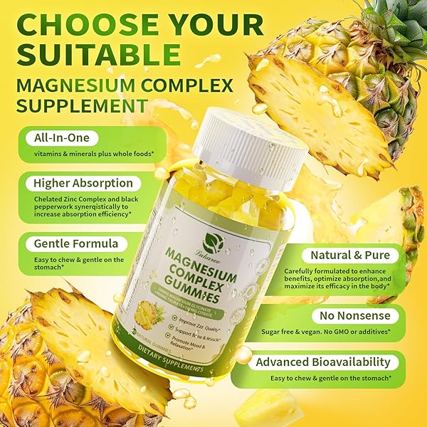 MAGNESIUM GLYCINATE GUMMIES | AS TRIPLE COMPLEX MAGNESIUM GLYCINATE, TAURATE & CITRATE – MAGNESIUM SUPPLEMENT W/CALCIUM, ZINC & D3,K2 FOR IMMUNE & REST – 60 COUNT