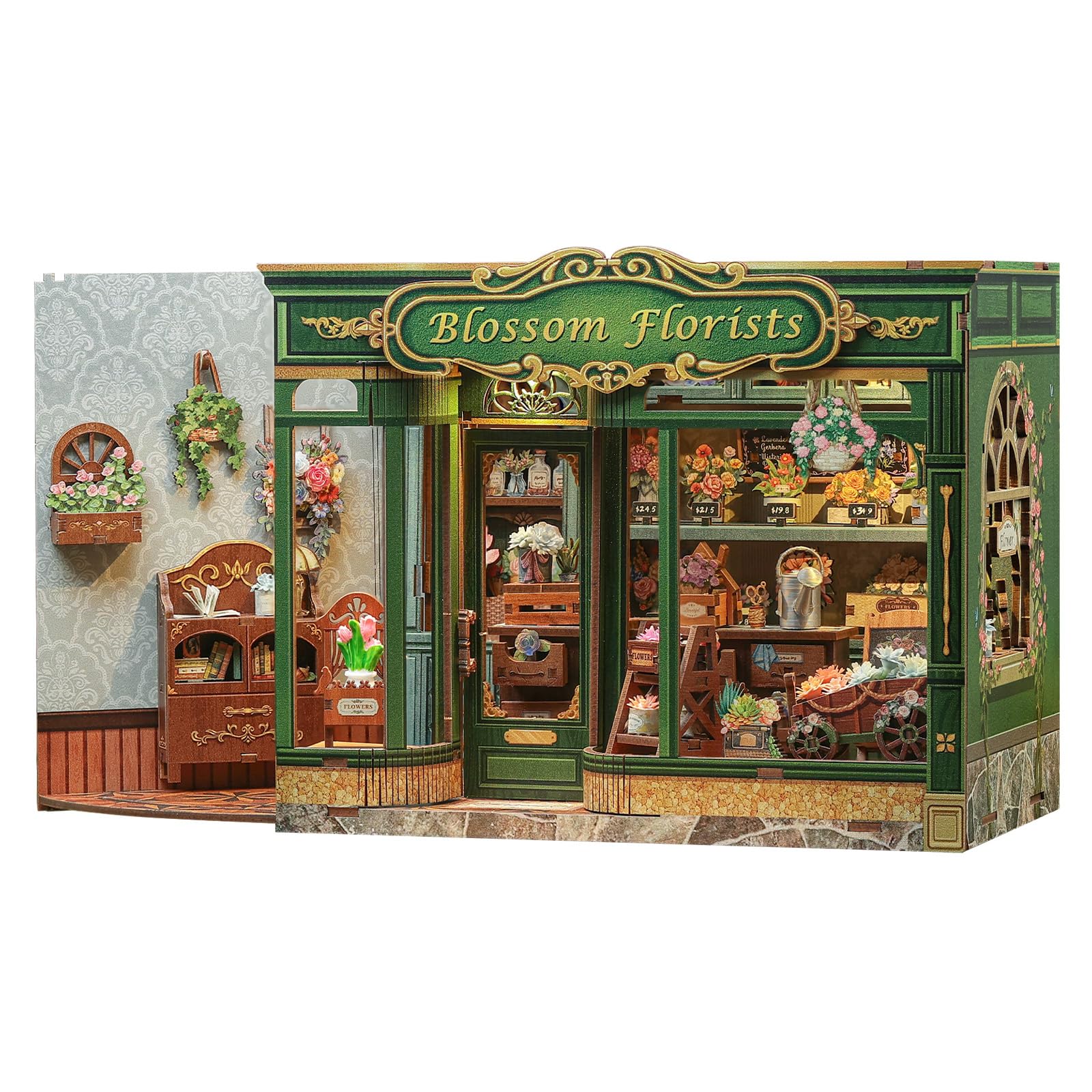 CUTEBEE Book Nook Kit - Floral-Themed DIY Miniature Book Nook Dollhouse Kit for Adults & Teens, 3D Wooden Puzzle Bookshelf Decor, Thoughtful Gifts for Family & Friends (Blossom Florists)