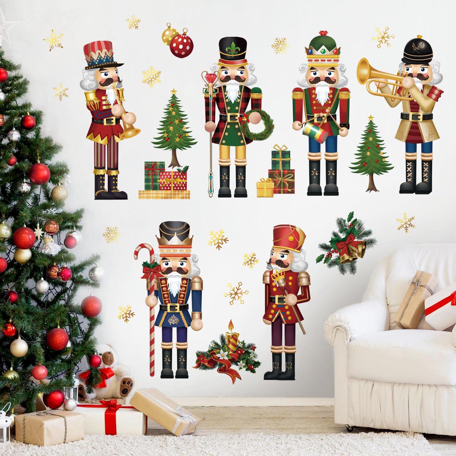 decalmile Christmas Nutcrackers Window Wall Decals Christmas Trees Gold Snowflakes Nutcracker Wall Stickers Room Door Christmas Party Window Showcase Wall Decorations — image 1