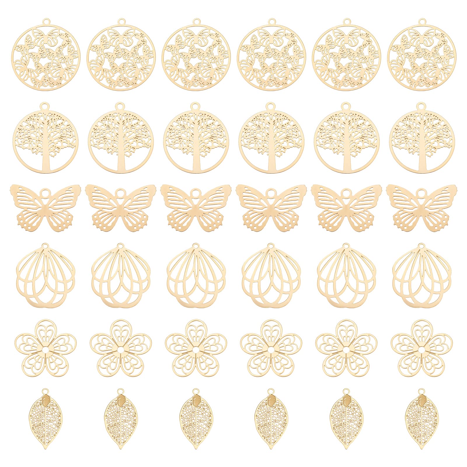 UNICRAFTALE 36Pcs 6 Style Gold Botanical Themed Pendant Stainless Steel Filigree Pendants Etched Metal Embellishments Flower Butterfly Leaf Flat Round Hollow Pendant Charms for Jewelry Making