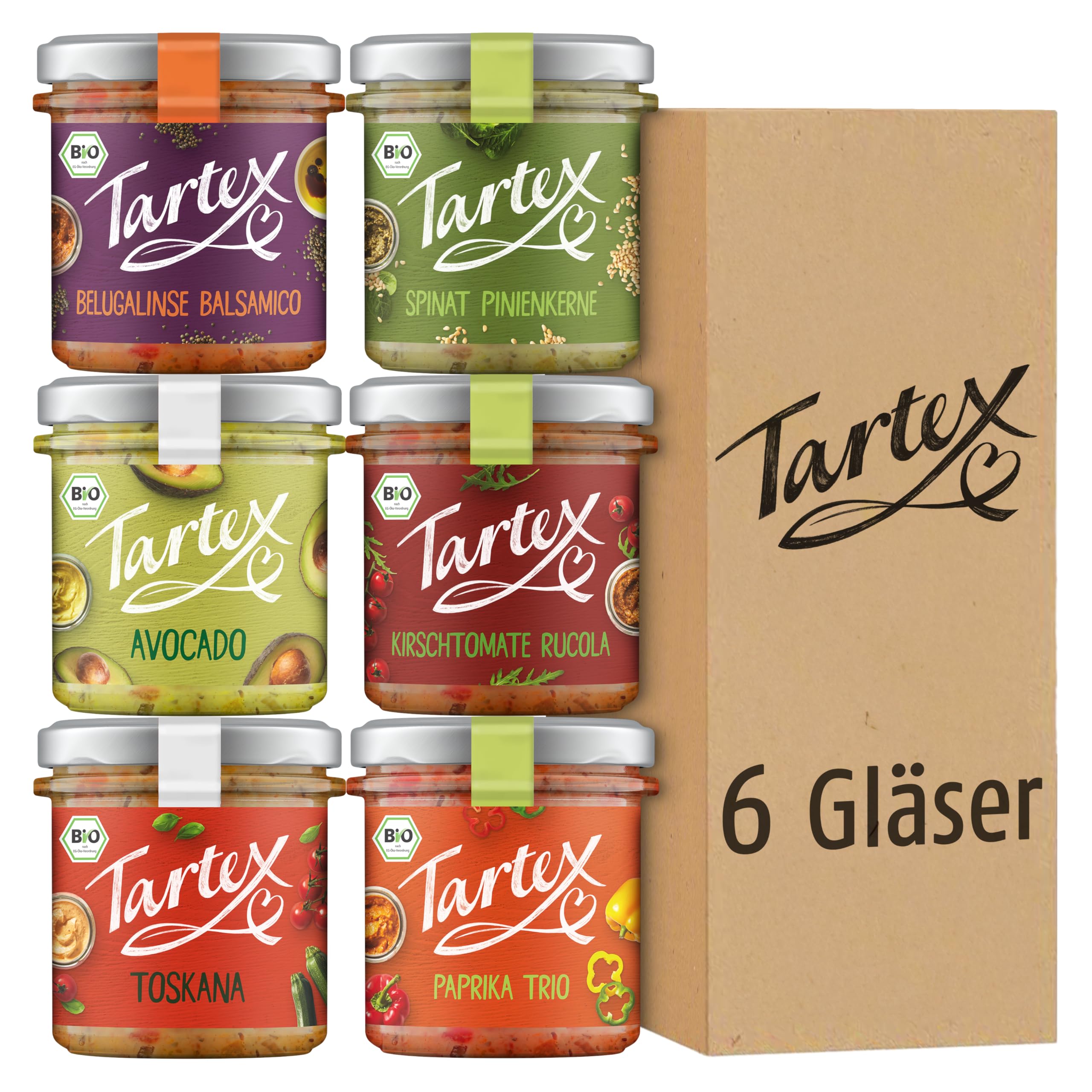 Tartex Bio Brotaufstriche Herzhaft | Veganer Aufstrich | Kennenlernbox Lieblinge | 6 Gläser im Vorteilspack | lecker auf Brot oder als Dip | 825g
