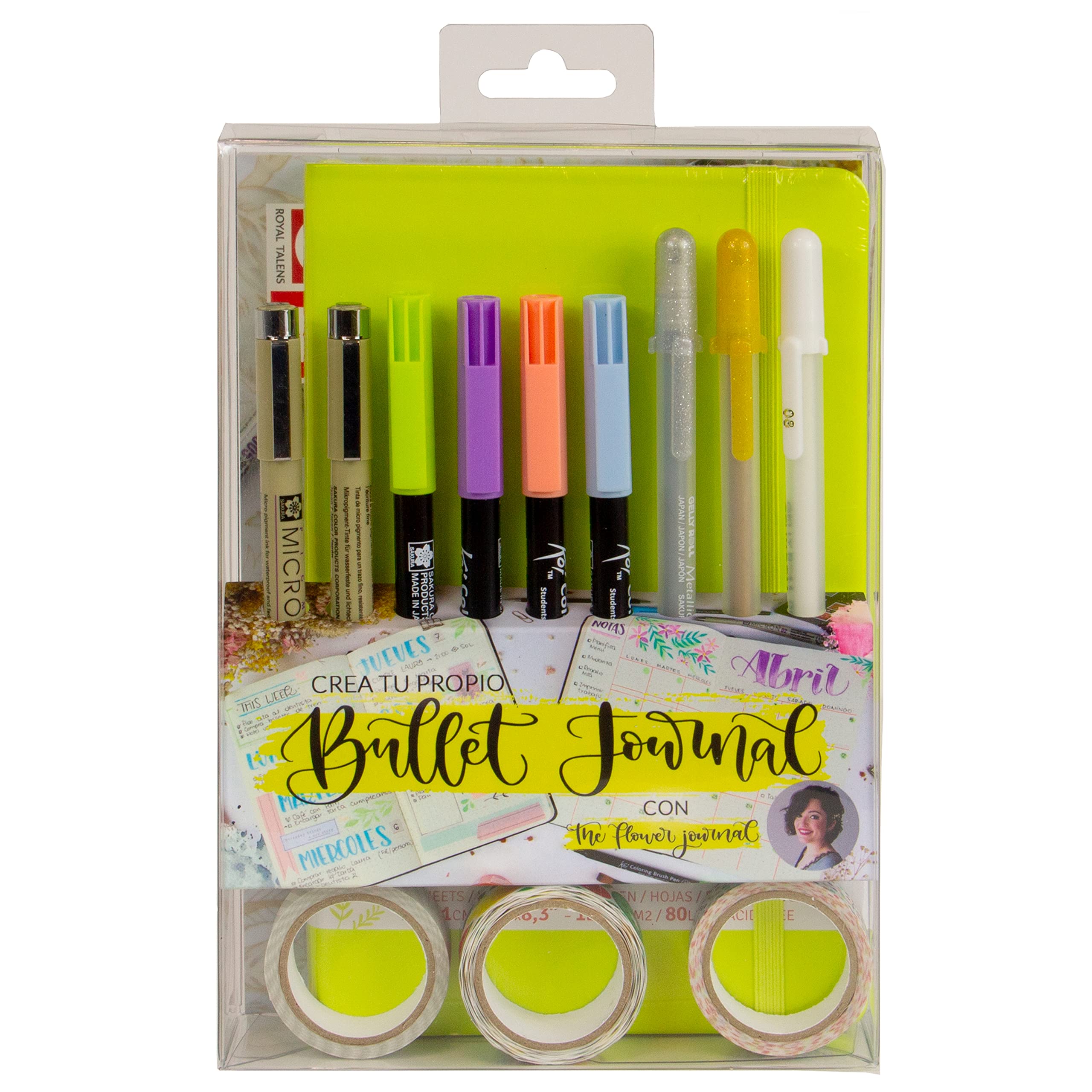 Talens Set I create your own bullet journal (lime green) with The Flower Journal, dotted notebook, 2 nibs, 3 gel pens, 4 brush pens, 3 washi tapes, step by step manual