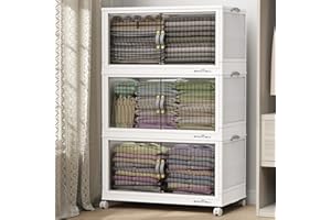 BROVIEW 360 Qt Stackable Storage Bins with Lid, Plastic Closet Organizers and Storage Drawer, Collapsible Storage Box with Wheels, Folding Storage Cabinet for Closet Clothes Organization, 3Pack White