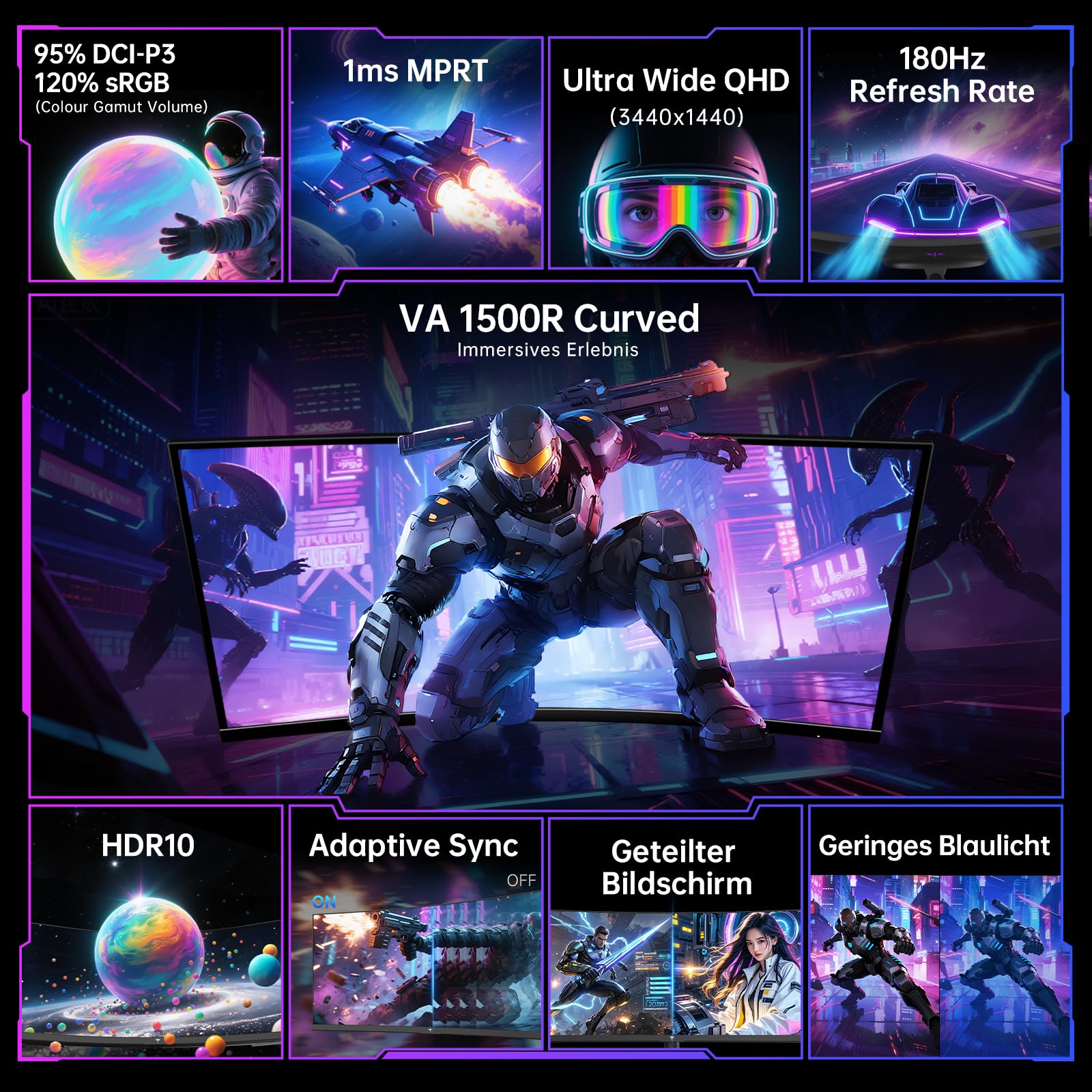 KTC Ultrawide Curved Monitor 34 Zoll, UWQHD (3440 x 1440) 180Hz Gaming Monitor, Adaptive Sync, 21:9 VA Panel 1500R, 1ms MPRT, HDR 10, Verstellbarer Ständer, 2 x DP 1.4, 2 x HDMI 2.0, H34S18S 3