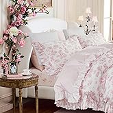 Brandream French Country Toile Queen Duvet Cover Set for Girl Women Bedroom Vintage Pink Toile Floral Print 100% Cotton Duvet Quilt Comforter Cover Pillow Shams Set with Delicate Ruffle Fringe