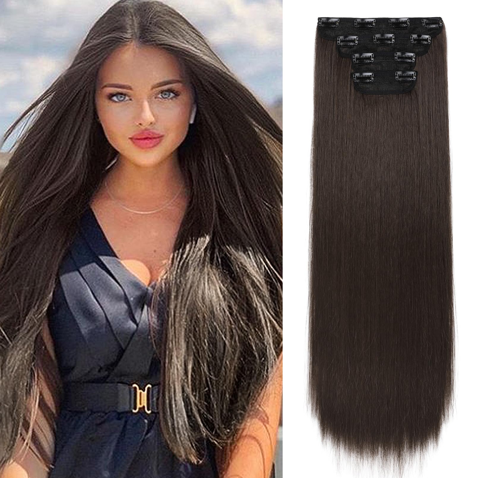 Photo 1 of REECHO 28" Straight Long 4 PCS Set Thick Clip in on Hair Extensions -Dark Brown