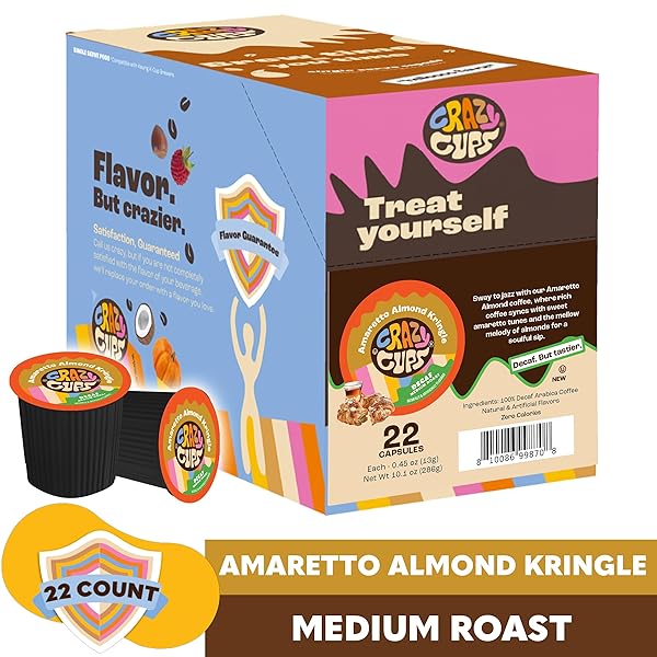 CRAZY CUPS AMARETTO DECAF COFFEE, DECAFFEINATED AMARETTO ALMOND KRINGLE COFFEE PODS FOR K CUP KEURIG MACHINES, BREW HOT OR ICED, 22 COUNT