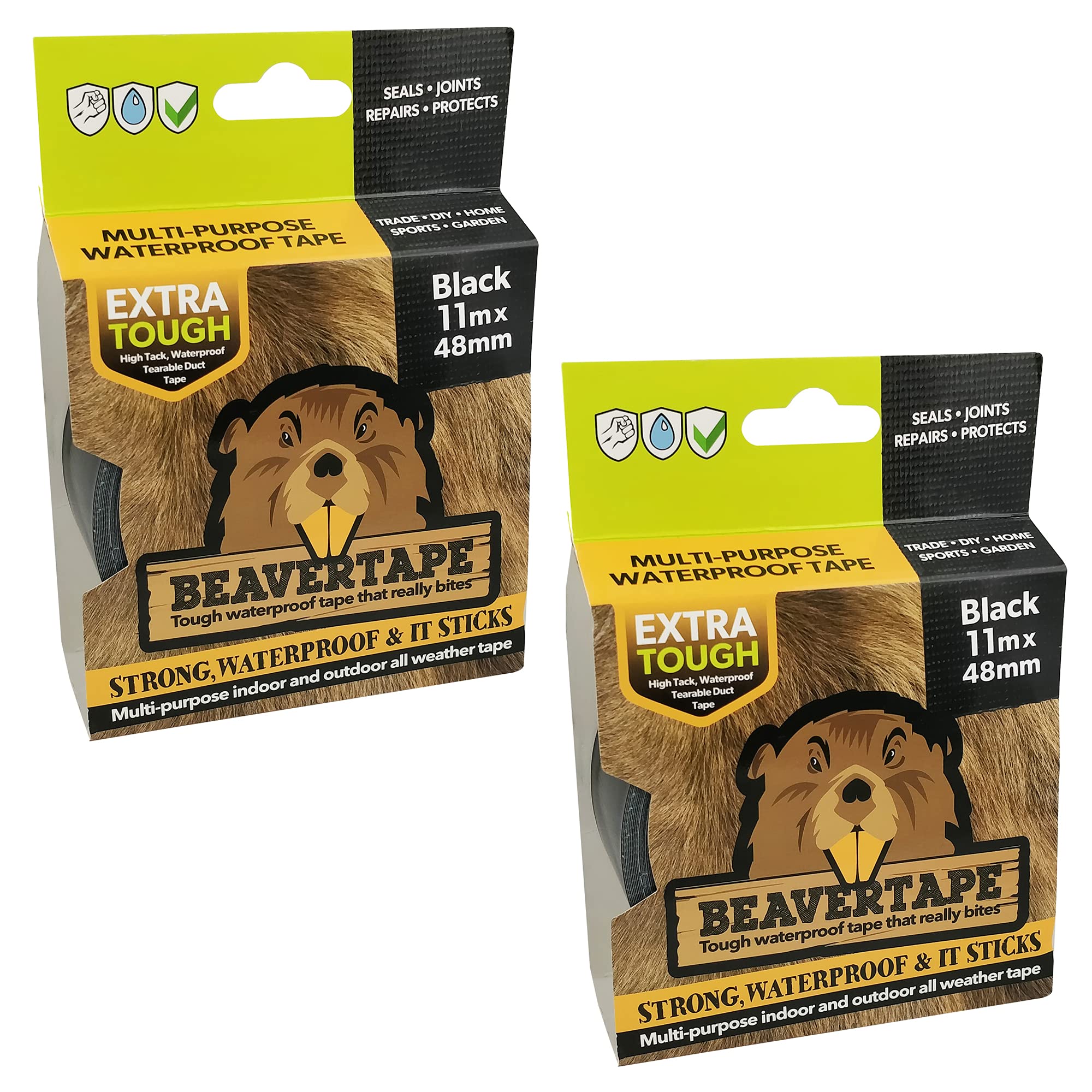 Beavertape Duct Tape Black 48mm x 11m 2 Pack Heavy Duty Strong & Super Sticky Indoor/Outdoor Waterproof High Strength Cloth Fabric Reinforced Builders Tape Professional Trade Rated or Home Use