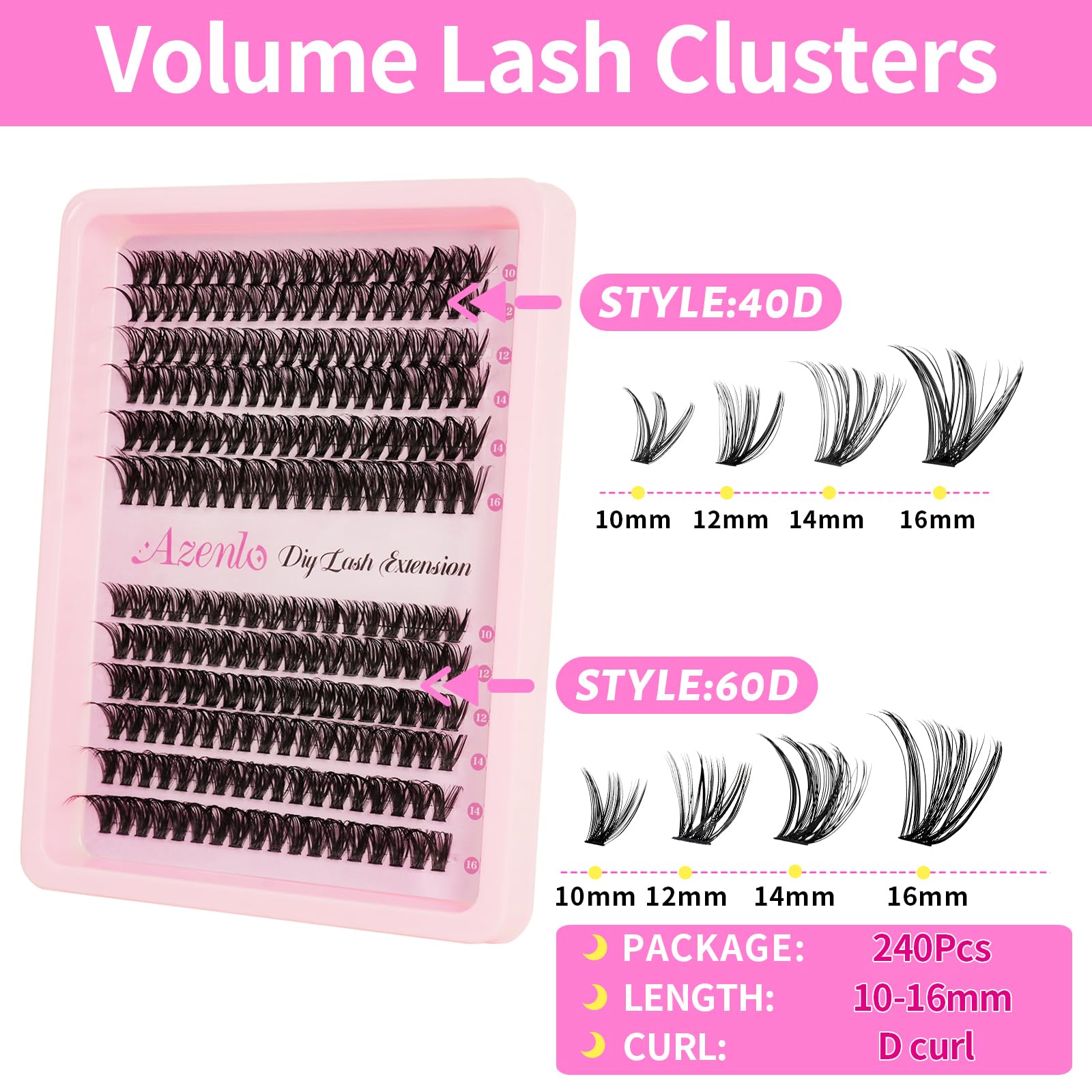Azenlo Lash Extensions 40D+60D Cluster 240pcs DIY Lash Clusters 10-16mm Eyelash Clusters Individual Think Band Lash Kit (40D+60D Kit)