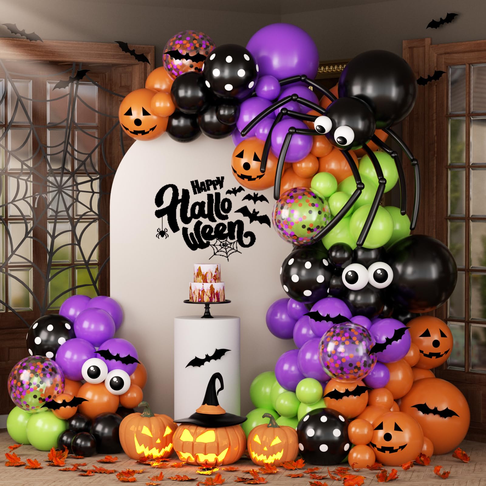 Photo 1 of 136Pcs Halloween Balloon Garland Arch Kit with Purple Black Orange Green Eyes Balloons, Bats, Spider Web for Halloween Party Decorations