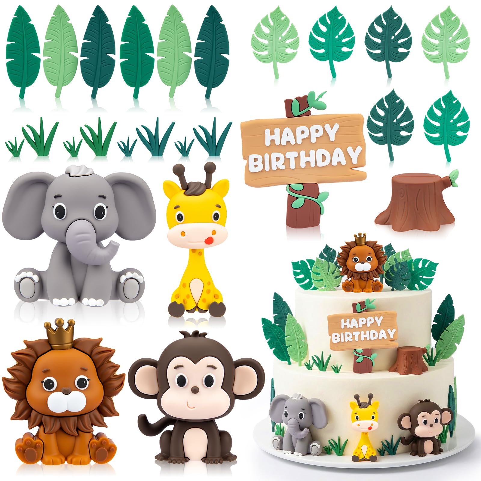 Safari Animal Cake Toppers, Realistic Jungle Animals Toppers Cakes Decorations Happy Cupcake Kids Decoration Supplies for Themed Birthday Boy Girl Baby Shower Party (color1)
