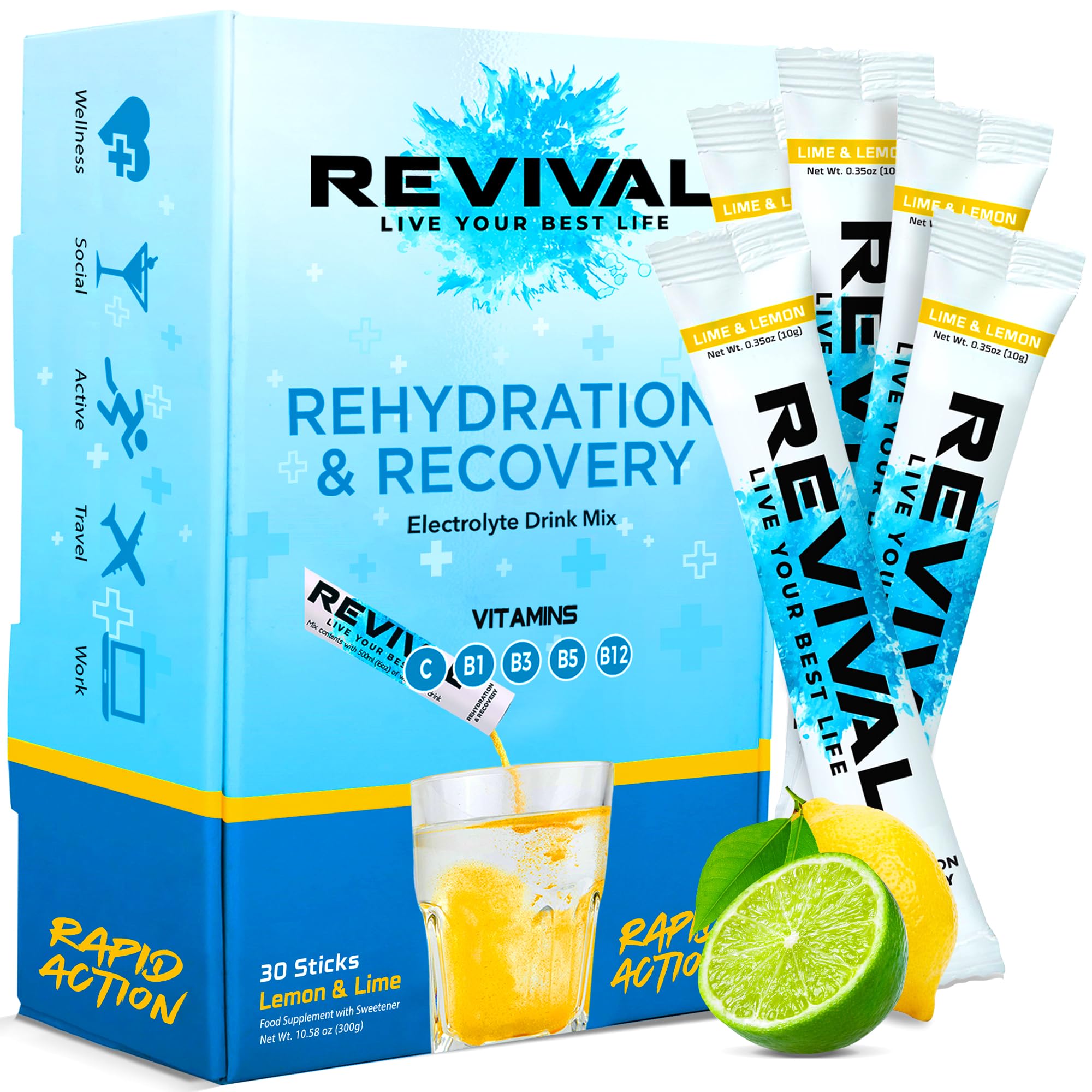 Revival Rapid Rehydration Sachets Electrolytes Powder High Strength Vitamin C, B1, B3, B5, B12 Supplement Sachet Energy Drink, Effervescent Electrolyte Hydration Tablets 30 Pack Lemon Lime Flavours