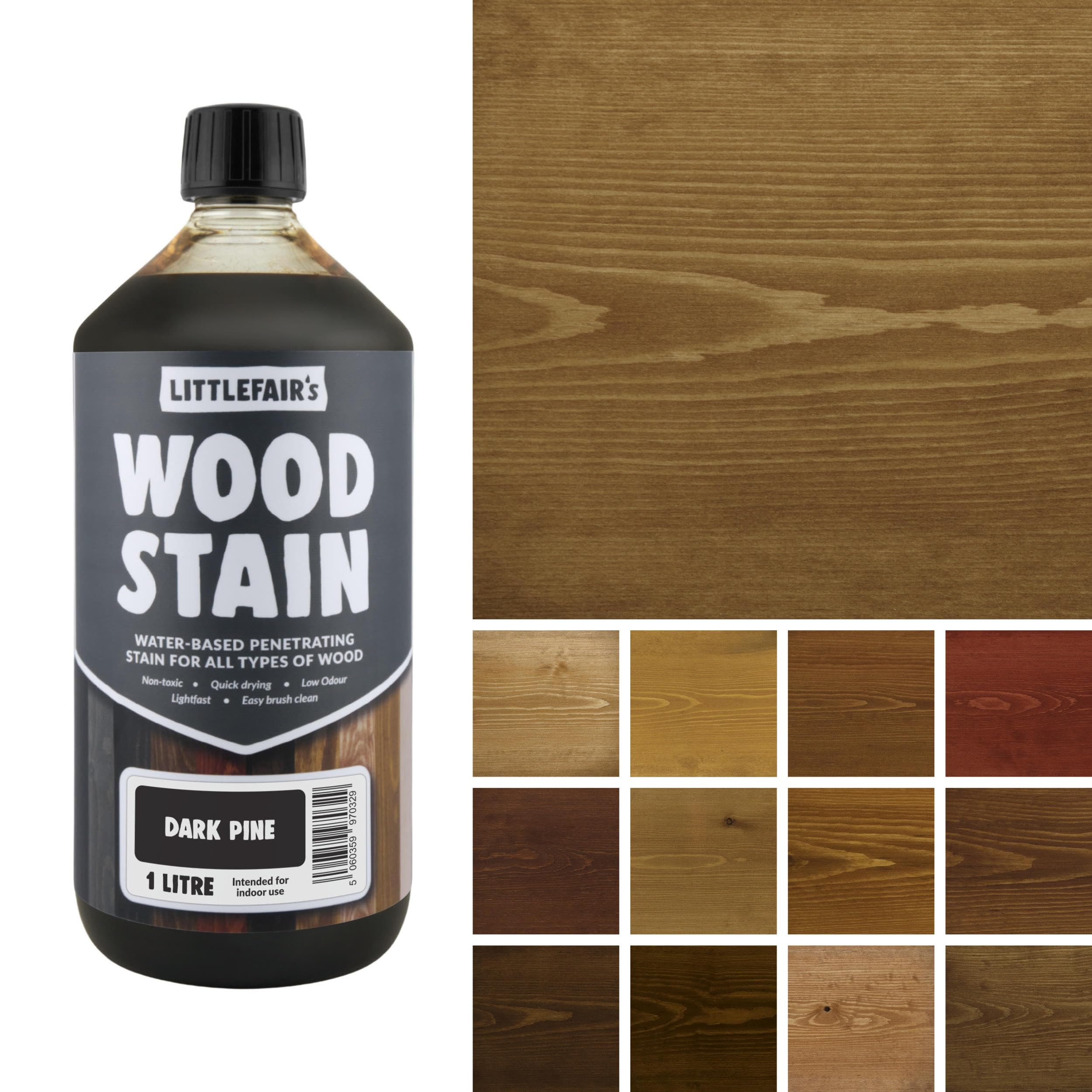 Littlefair's Wood Stain Water-Based - (Dark Pine) – Non-Toxic, Eco-Friendly & Quick Drying - Easy-to-Apply, Concentrated Formula for All Wood Types – 1ltr