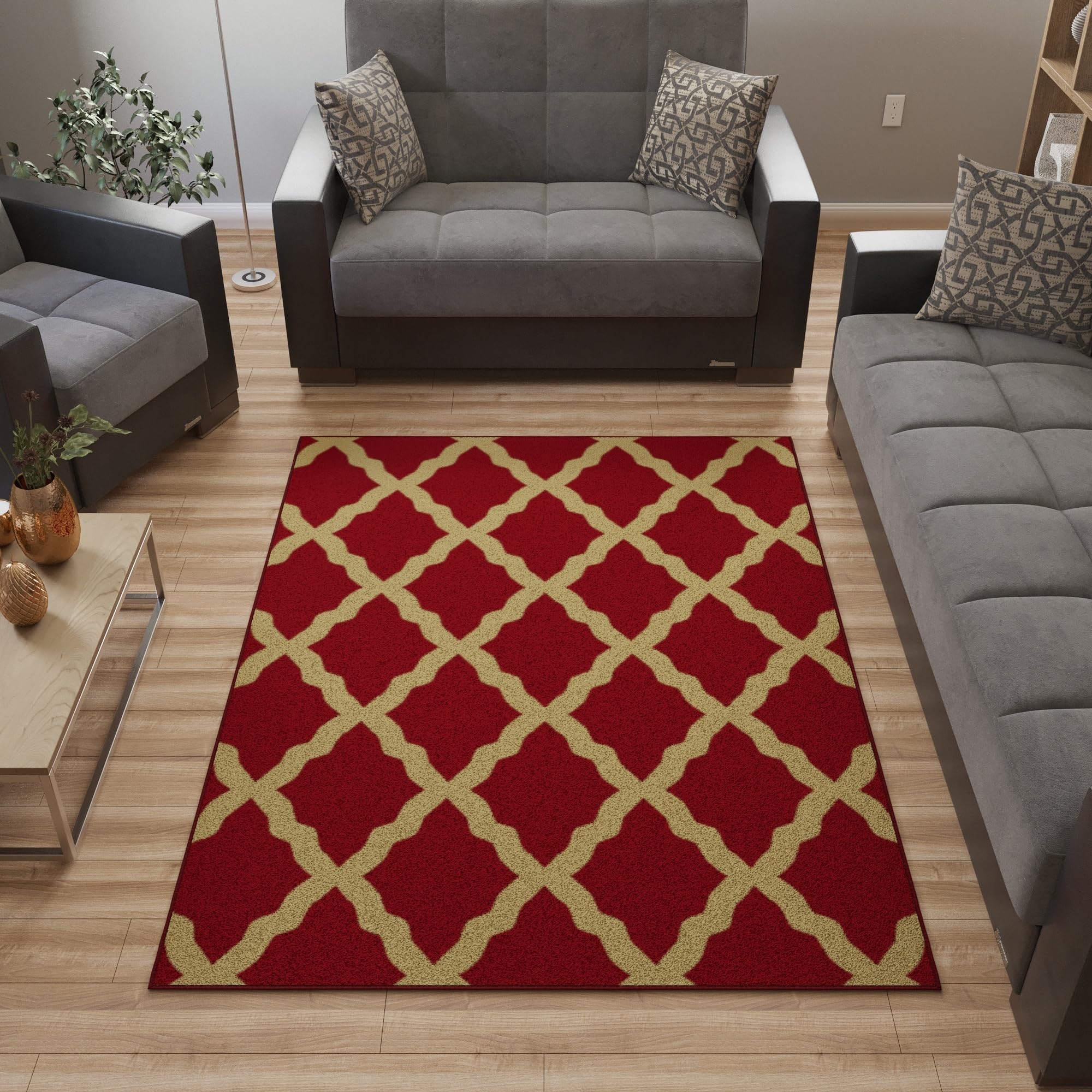 Ottomanson 5' x 6'6" Rugs for Living Room Trellis Area Rug for Bedroom - Non Slip Durable Large Floor Carpet for High Traffic Areas - Indoor Rug for Dining Room Kitchen Kids Playroom, Red Image
