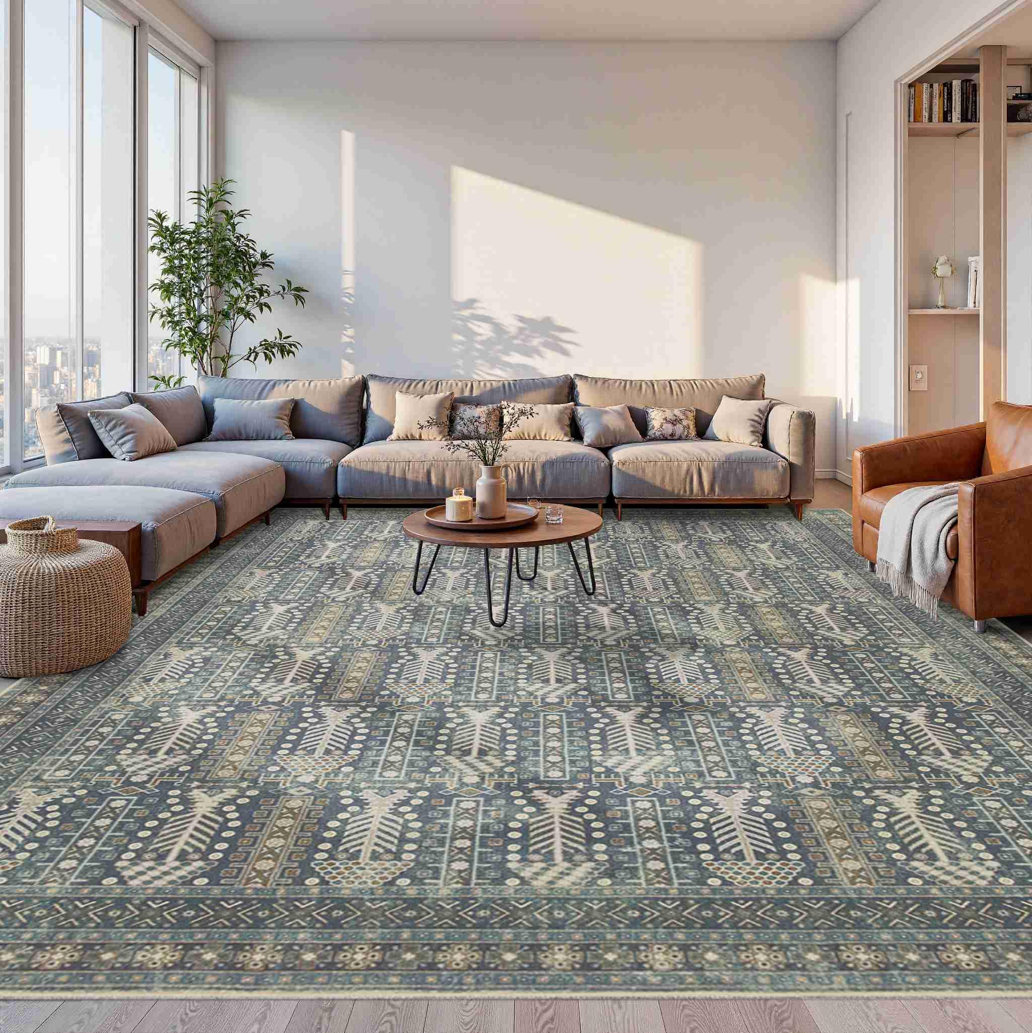 Rugxara 9x12 Washable Area Rugs for Living Room - Large Rugs,Floral Boho Vintage Rug,Soft & Non-Slip,Low Pile Wool Carpet for Indoor Dining Room,Girls Room,Nursery Room and Kids Room(Ivory Blue) Image