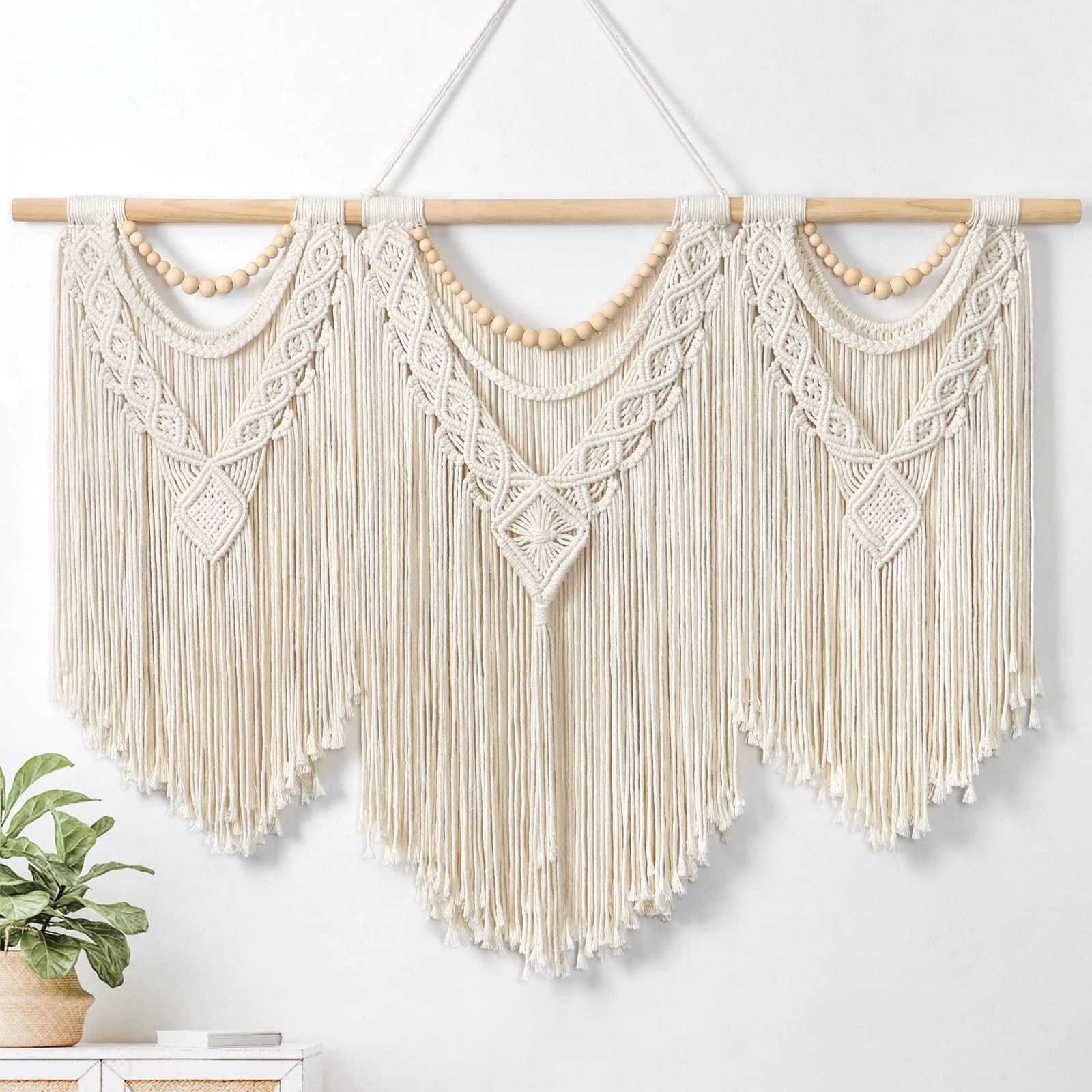 Dremisland Macrame Wall Hanging Large Boho Woven Tapestry Macrame Tassel Bead Art Cotton Rope Bohemian Wall Decor for Bedroom Living Room Apartment Backdrop