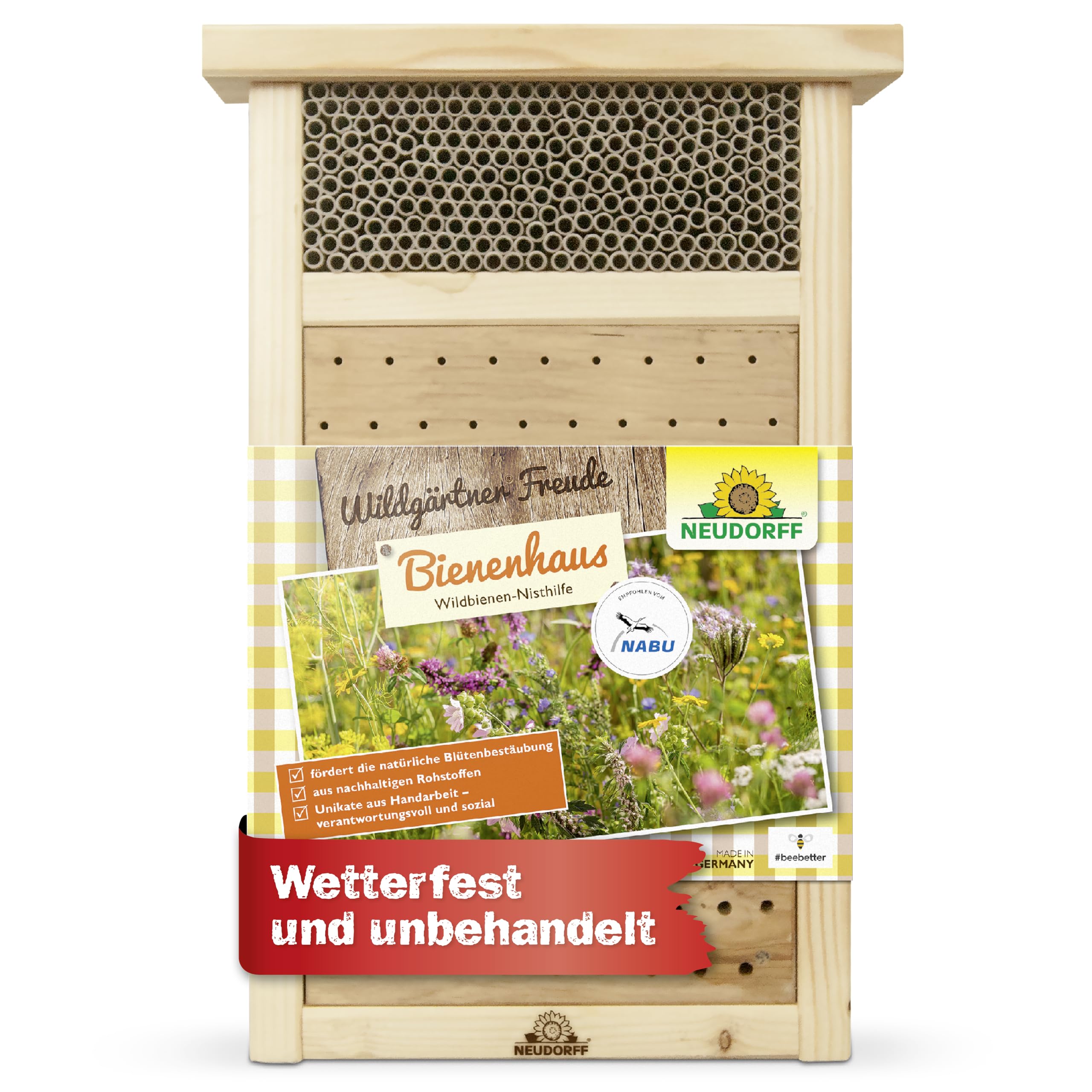 Neudorff Wildgärtner Freude Bienenhaus – Handgefertigtes Bienenhotel. Nisthilfe für Wildbienen zum Aufhängen und Aufstellen. Wetterfest und unbehandelt, 1 Stück