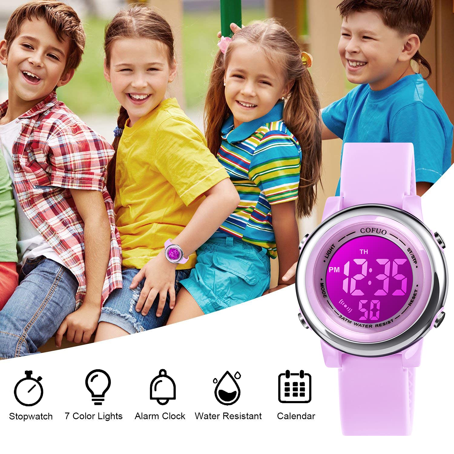 cofuo Kids Digital Sport Waterproof Watch for Girls Boys, Kid Sports Outdoor LED Electrical Watches with Luminous Alarm Stopwatch Child Wristwatch