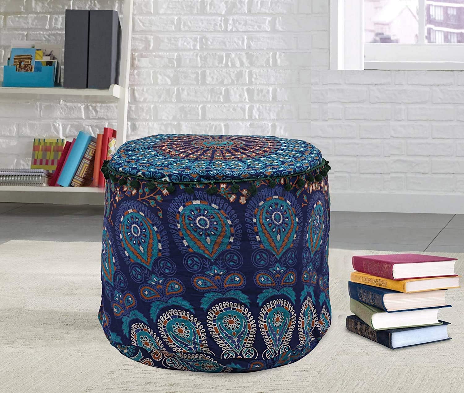 Janki Creation - Reposapiés redondo hecho a mano con mandala, cojín