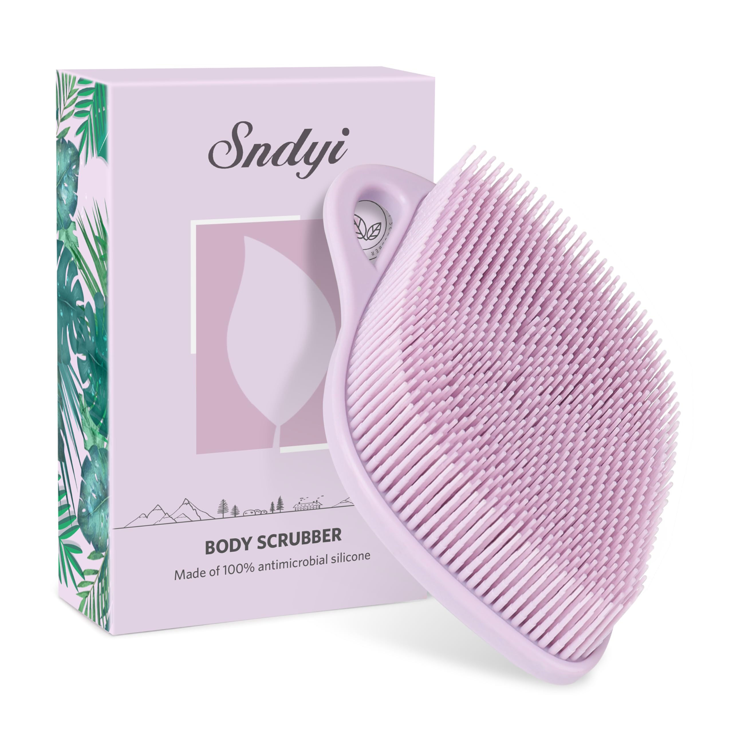Sndyi Silicone Body Scrubber, Gentle Exfoliating Shower Scrubber for Sensitive Skin, Leaf Shaped Silicone Loofah Body Brush with Lathering Bristles, Purple