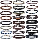 SONNYX 24 PCS Braided Leather Bracelet for Men Women Cool Woven Wrist Cuff Bracelets Hemp Cords Wooden Beads Ethnic Tribal Handmade Wrap Adjustable Wristband Bracelets