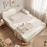 Full Floor Bed, Toddler Floor Bed Upholstered, Safety Guardrails, Beige | Kids Low Montessori Bed with 6 Inch Foam Cushioned for Boys and Girls, No Tools Needed Easy Assemble, No Box Spring
