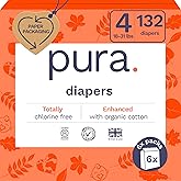 Pura Sensitive Skin Baby Diapers | Size 4 (18-31 lbs) | Hypoallergenic, Totally Chlorine Free, Fragrance Free, Up to 12-Hour Leak Protection | 6 Packs of 22 (132 Diapers)