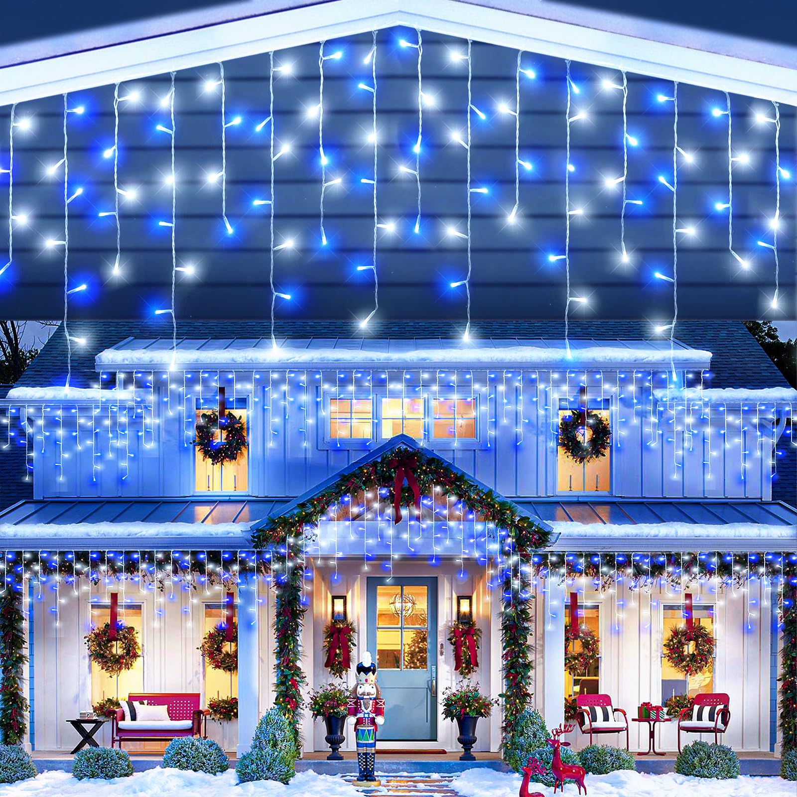 Photo 1 of 66ft Blue and White Christmas Lights, 640 LED Icicle Lights for Outside House Clear Wire Connectable Twinkle Lights with 8 Modes Timer Waterproof for Window Party Tree Holiday Patio Yard Home Decor