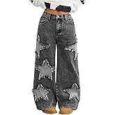 BEAUDRM Girl's Heart Patched Baggy Jeans Y2k Bow High Waisted Straight Leg Denim Pants Streetwear
