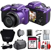 MINOLTA MN40Z 20 Mega Pixels 40x Optical Zoom Digital Camera with 1080p FHD Video (Purple) Bundle with 64GB Memory Card + Vlog Tripod + 4xAA Battery with Charger + Accessories