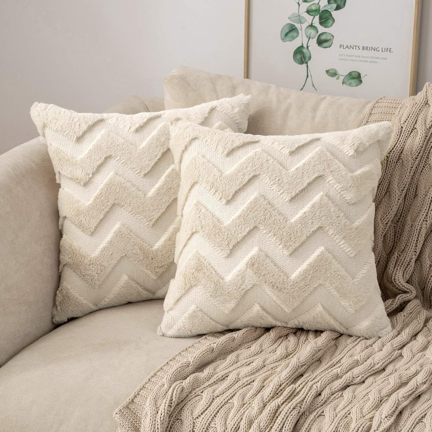 Miulee Set of 2 Wool Cushion Covers, Polyester Sofa Cushion Covers, Soft Couch Cushion Covers, Decorative Cushion Covers with Hidden Zip, for the Living Room and Bedroom, 45 x 45 cm, Beige