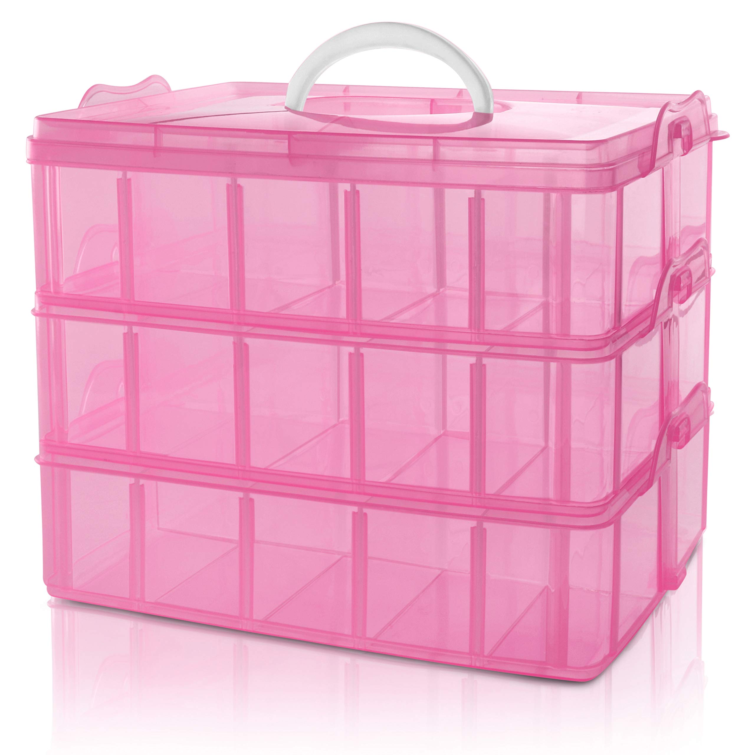 BELLE VOUS 3 Tier Pink Transparent Plastic Stackable Storage Box - Adjustable Compartment Slots - Max 30 Compartments - Container for Storing & Organising Toys, Jewellery, Beads, Arts & Crafts, Tools