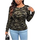 WDIRARA Women's Plus Size Camo T Shirt Long Sleeve Crew Neck Tees Ruched Tops