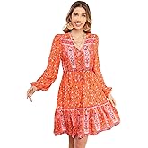 R.Vivimos Women's Cotton Long Sleeves V-Neck Button Up Floral Print Bohemian Flowy Mini Dress