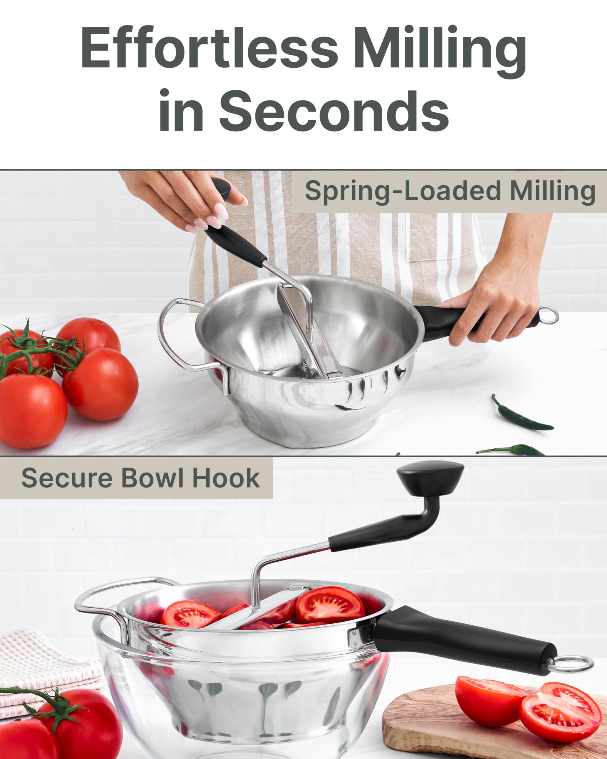 Stainless Steel Food Mill with Detachable Handles – Hand Crank Grinder for Baby Food, Tomato Sauce & Mashed Potatoes – Includes 3 Discs – Easy to Use & Clean – Great for Home Chefs, Parents & Canning