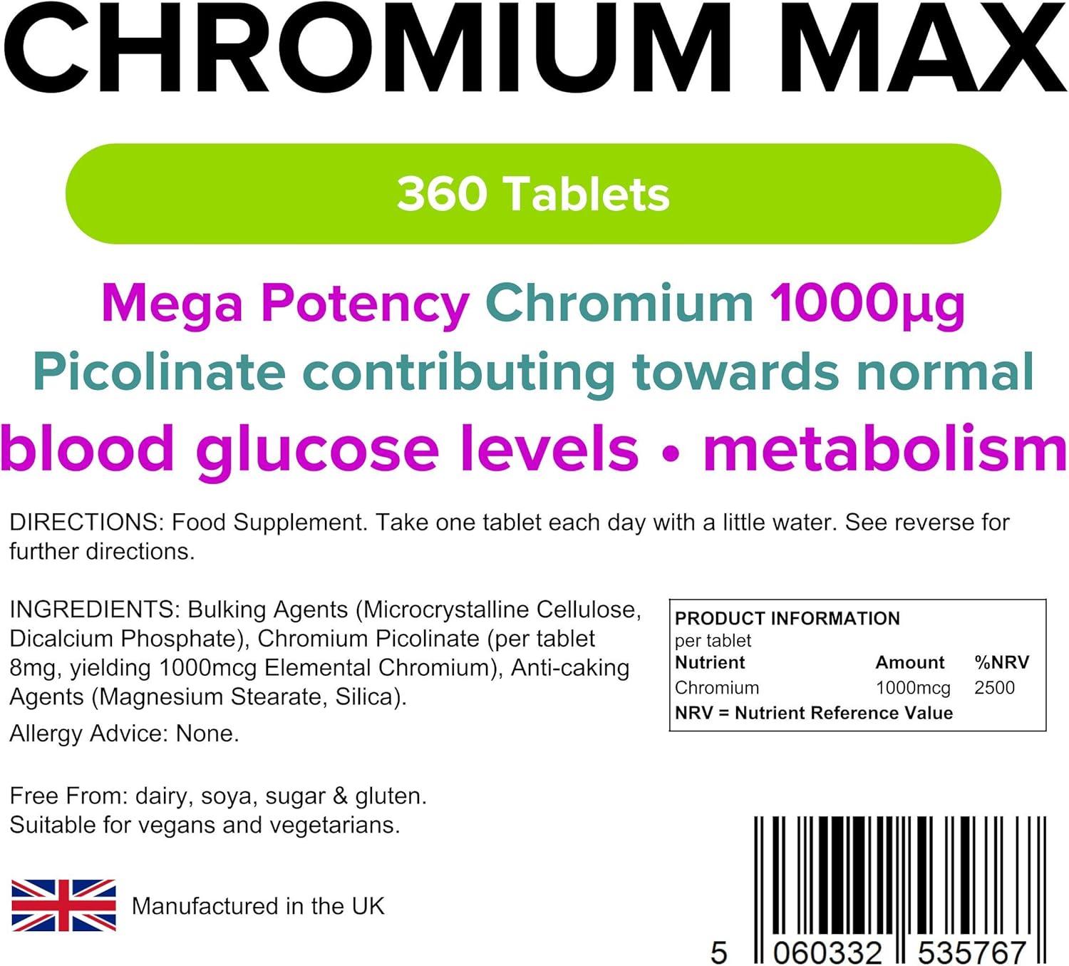 Lindens Chromium Max 1000mcg Picolinate - 360 Vegan Tablets, White Speckled, 1 count (Pack of 360) - Image 4