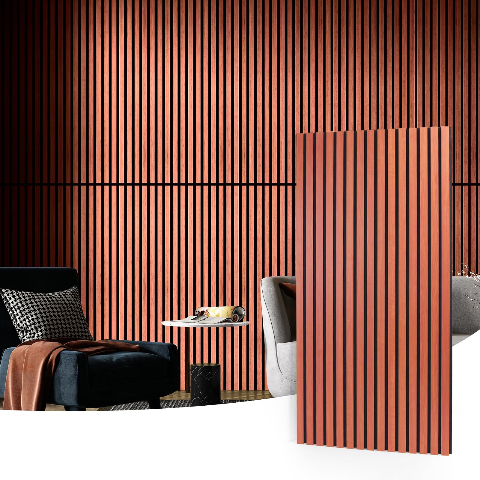 Art3d 4 Pack 47.2 x 23.6in. Wood Slat Acoustic Panels for Wall and Ceiling - 3D Fluted Sound Absorbing Panel with Wood Finish - Cherry Image