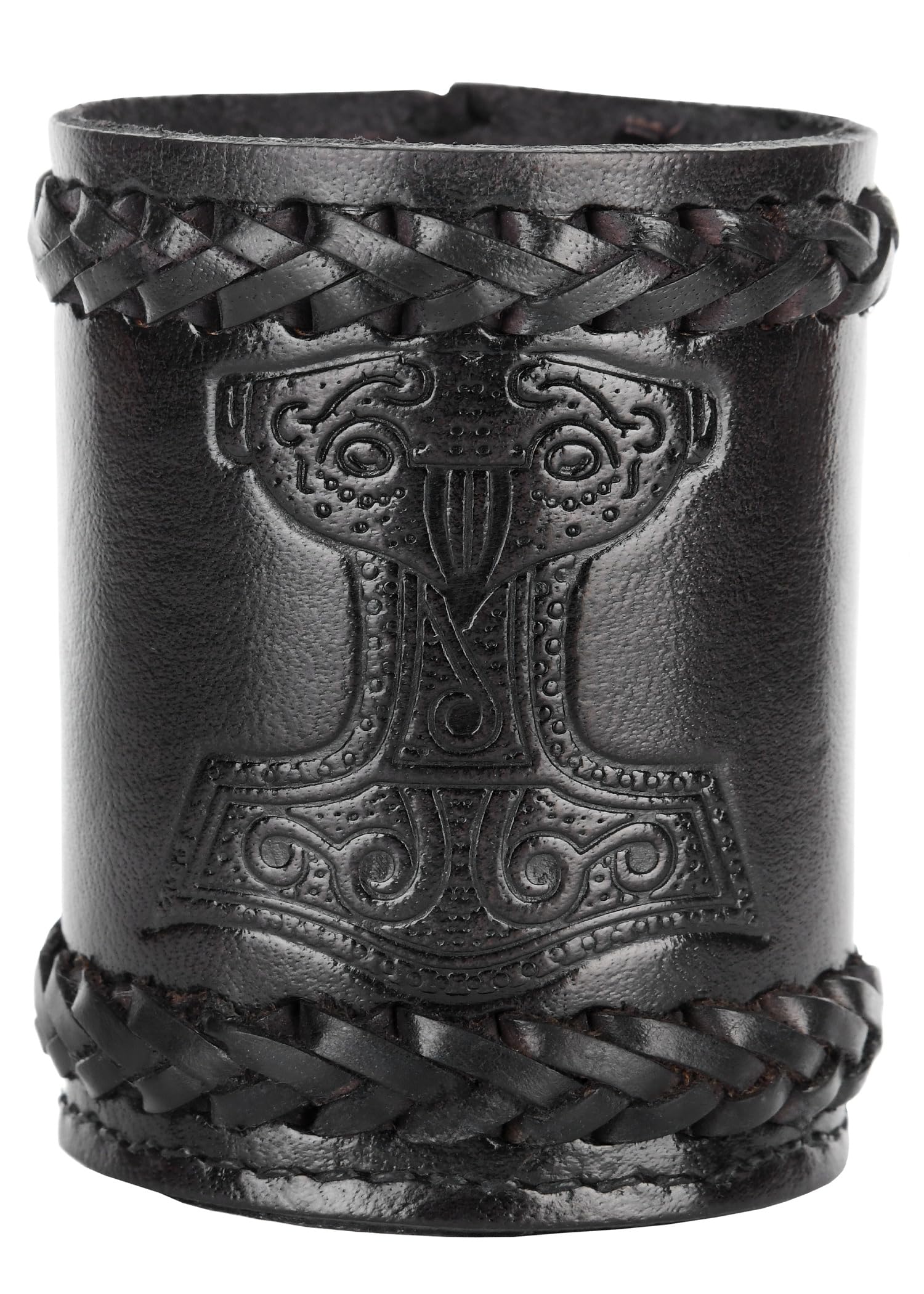 Ulfberth - Viking Dice Cup with Mjölnir Motif, Genuine Leather, Medieval Leather Cup, LARP, Reenactment (Black Thor's Hammer)