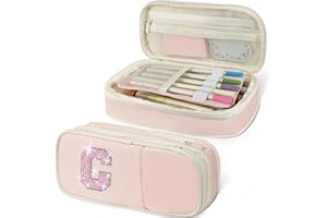 JANHAVI Preppy Pencil Case for School Supplies, Initial Large Pink Pencil Case Organizer with Zipper, Cute Pencil Bag Holder for Office, Ideal Birthday Gift for Kids,8,9,10 Years Old Girls, Adults--Pink C
